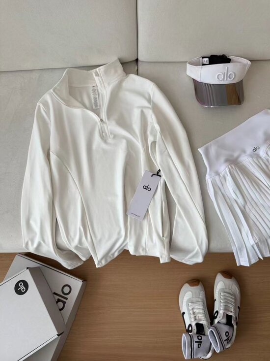 Alo Yoga Pure White Half-Zip Long-Sleeve Top + Pleated Mini Skirt Two-Piece Set - Picture 2 of 4